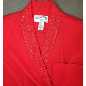 Vtg 80s Jessica Howard Red Beaded Blazer Jacket Belted 10P Petite Evening